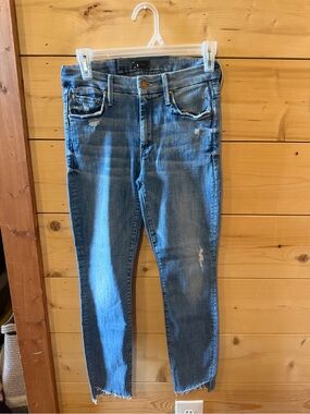 MOTHER Skinny Jeans in Mid Blue with Distressed Detail